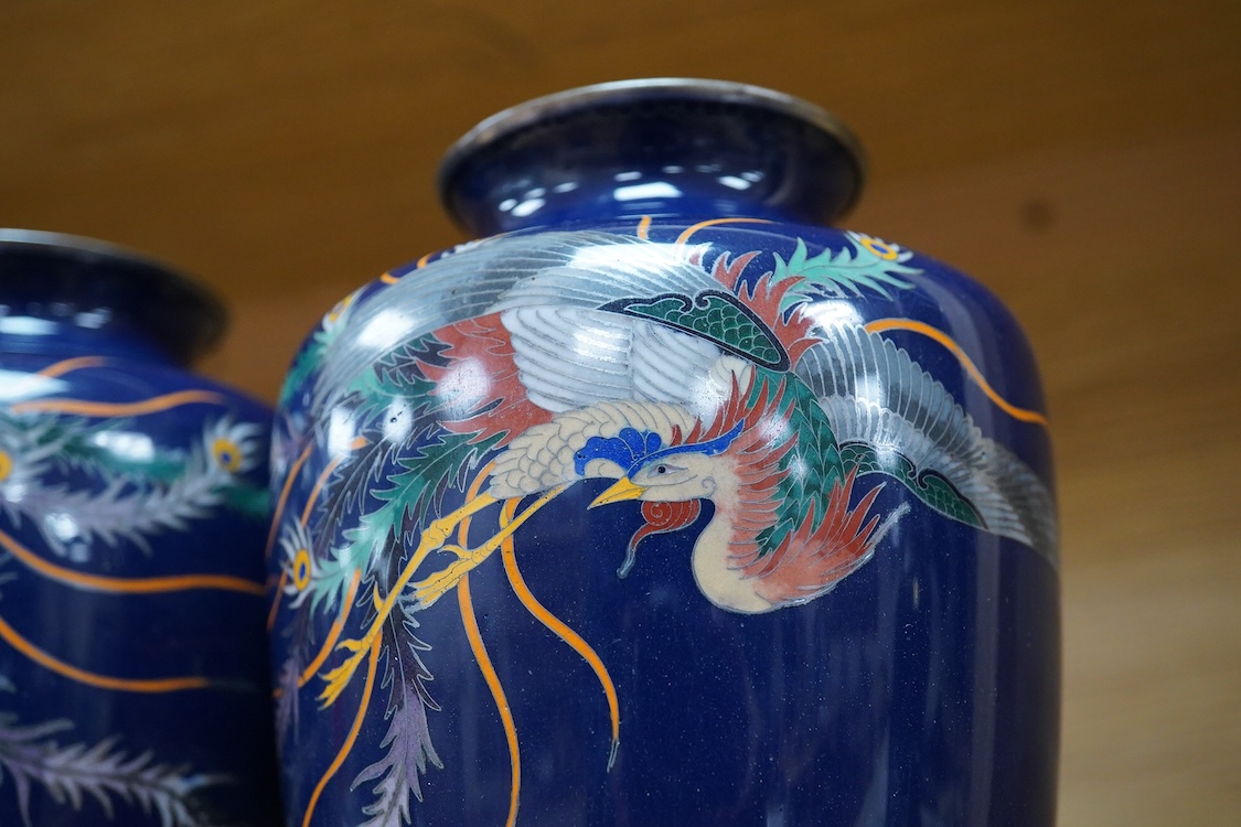 A pair of Japanese silver wirework cloisonné ‘phoenix’ vases, Meiji period (1868 - 1912), 18cm